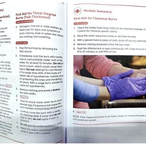 NSC First Aid, CPR and AED Student Workbook open to burns first aid module summary and chemical burns page.