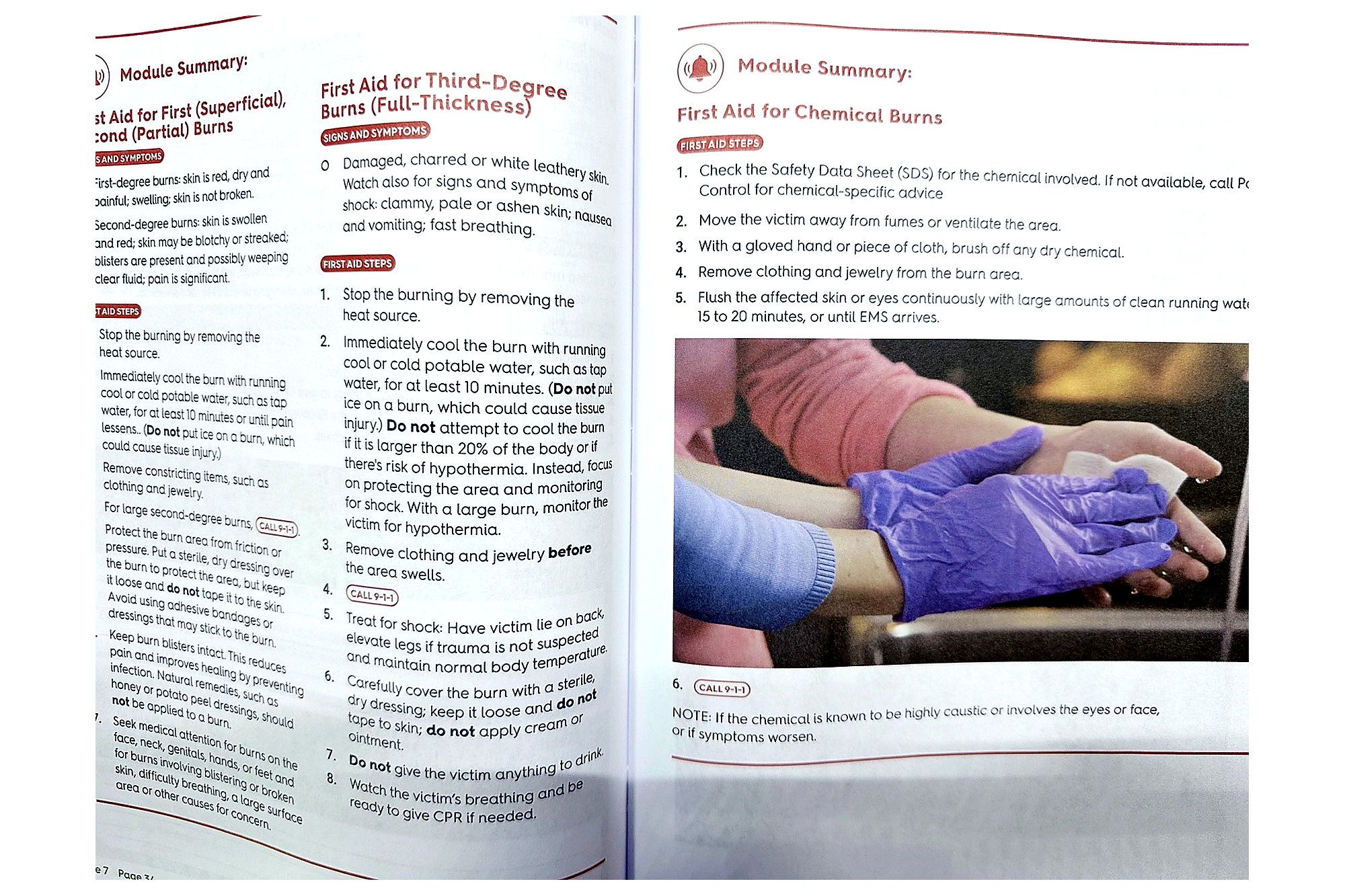 NSC First Aid, CPR and AED Student Workbook open to burns first aid module summary and chemical burns page.