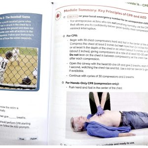 NSC First Aid, CPR and AED Student Workbook open to CPR and AED key principles module pages.