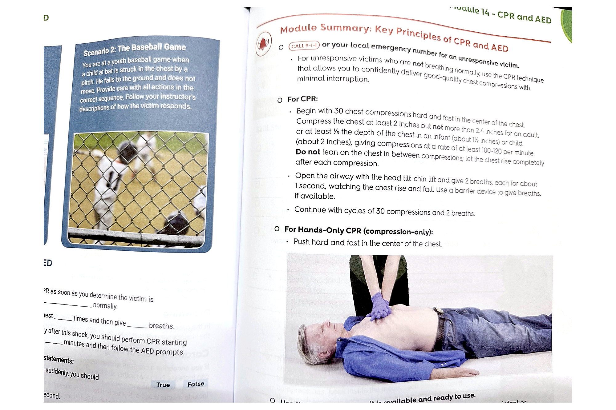 NSC First Aid, CPR and AED Student Workbook open to CPR and AED key principles module pages.
