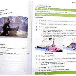 NSC First Aid, CPR and AED Student Workbook open to shock position skill steps and module summary.
