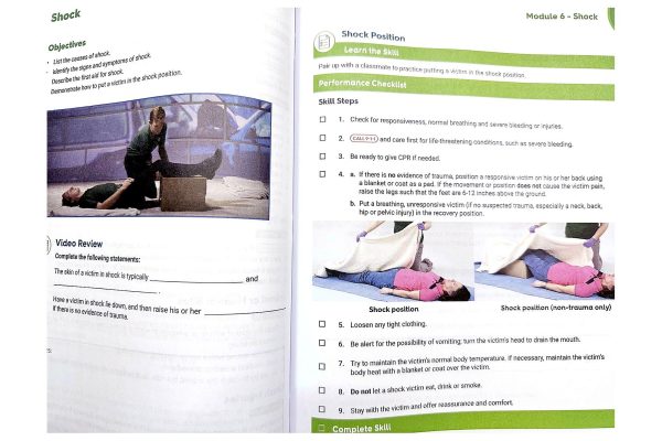 NSC First Aid, CPR and AED Student Workbook open to shock position skill steps and module summary.