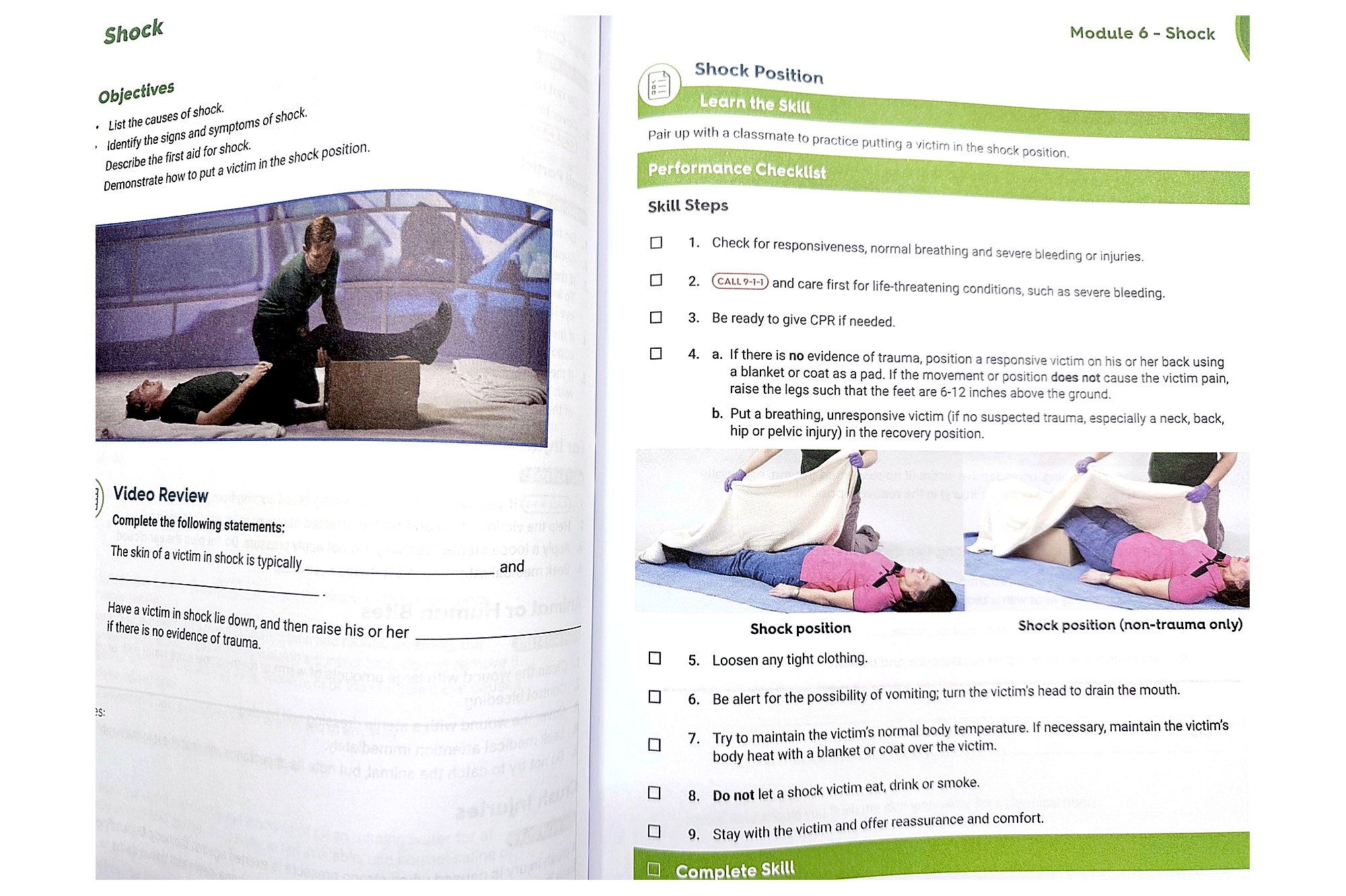 NSC First Aid, CPR and AED Student Workbook open to shock position skill steps and module summary.