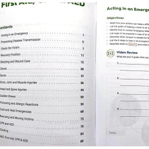 NSC First Aid, CPR and AED Student Workbook table of contents and Acting in an Emergency module pages.