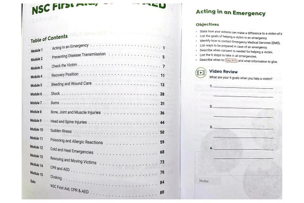 NSC First Aid, CPR and AED Student Workbook table of contents and Acting in an Emergency module pages.