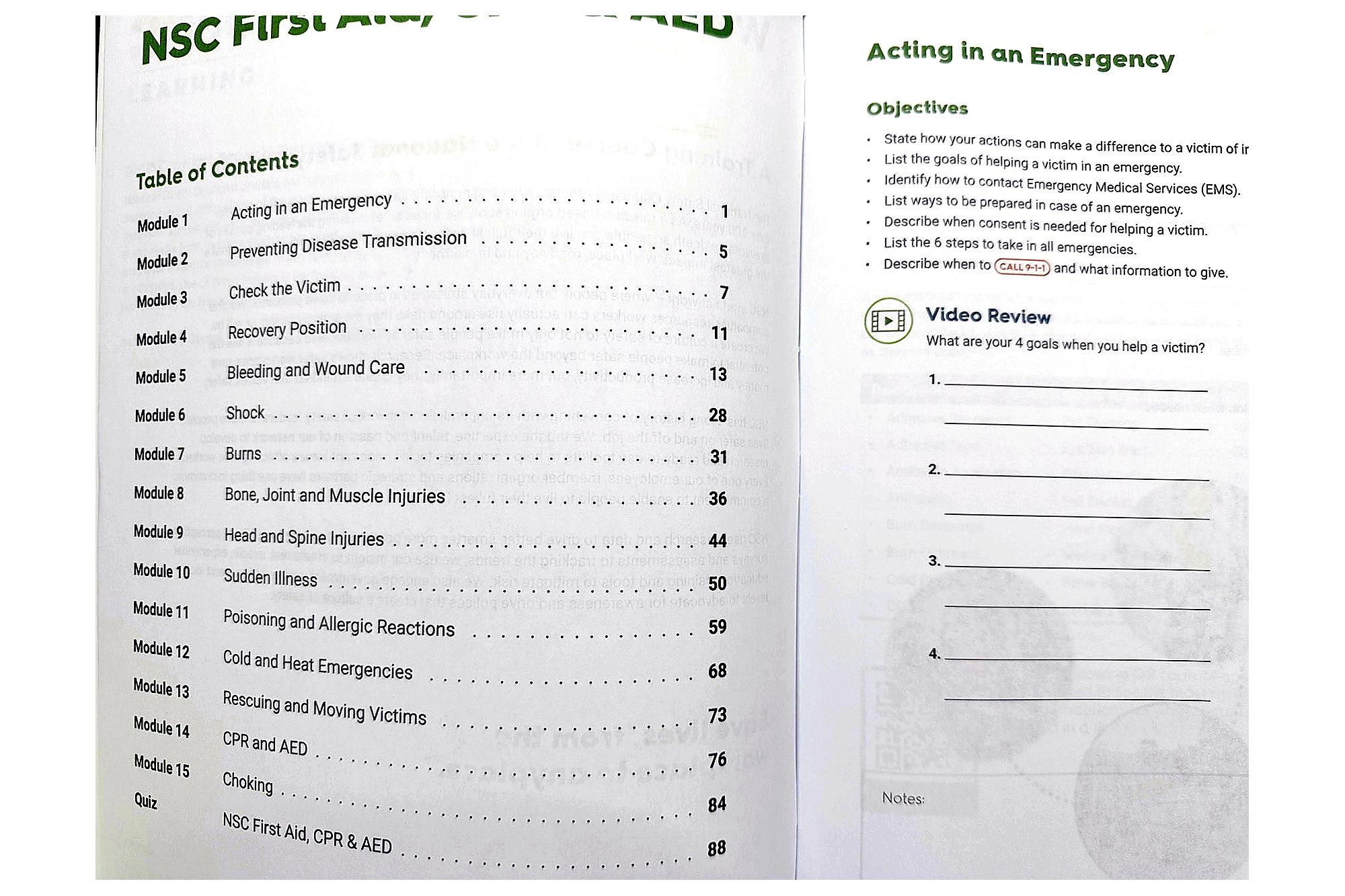 NSC First Aid, CPR and AED Student Workbook table of contents and Acting in an Emergency module pages.