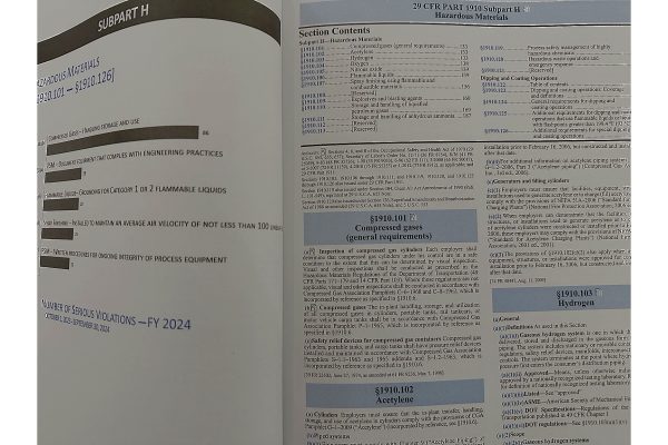 OSHA 29 CFR 1910 General Industry Regulations book open to hazardous materials and compressed gases sections.