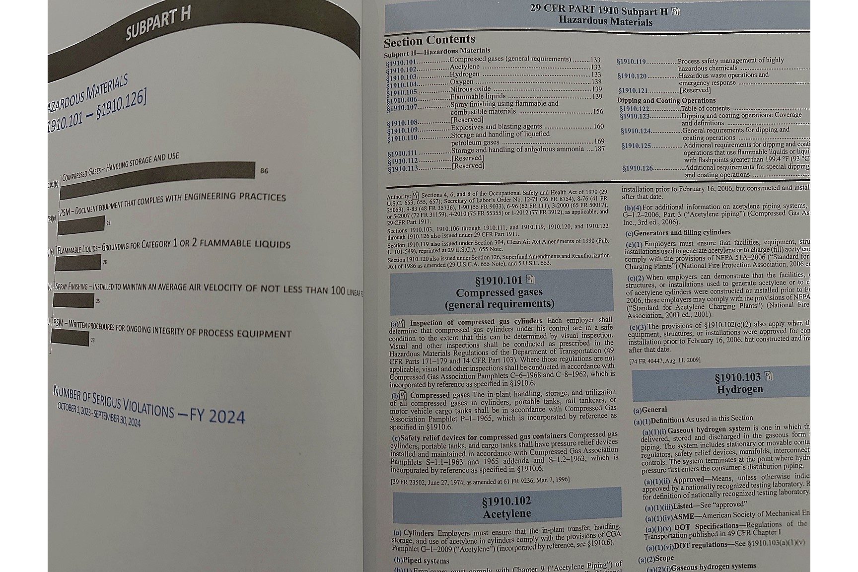 OSHA 29 CFR 1910 General Industry Regulations book open to hazardous materials and compressed gases sections.