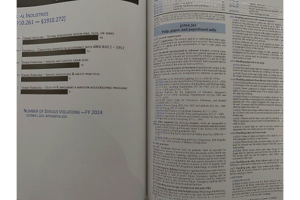 OSHA 29 CFR 1910 General Industry Regulations book open to pulp, paper, and paperboard mills sections.