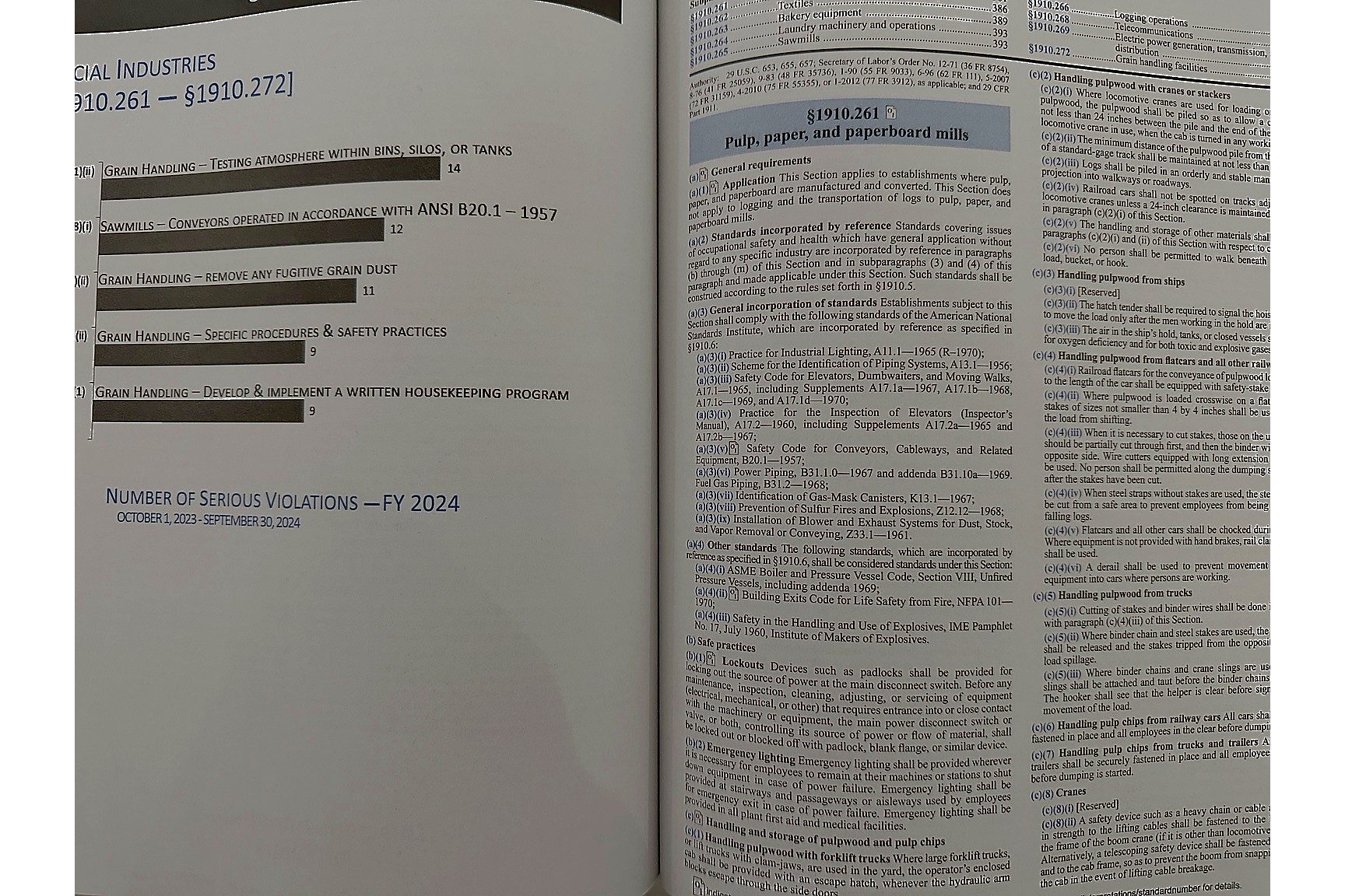 OSHA 29 CFR 1910 General Industry Regulations book open to pulp, paper, and paperboard mills sections.