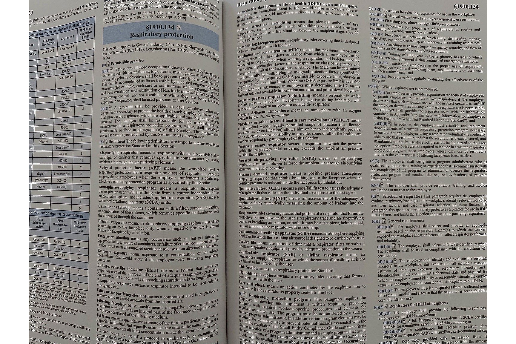 OSHA 29 CFR 1910 General Industry Regulations book open to the 1910.134 respiratory protection section.