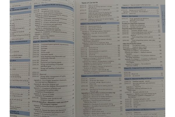 OSHA 29 CFR 1910 General Industry Regulations book open to the table of contents with selected safety standards.