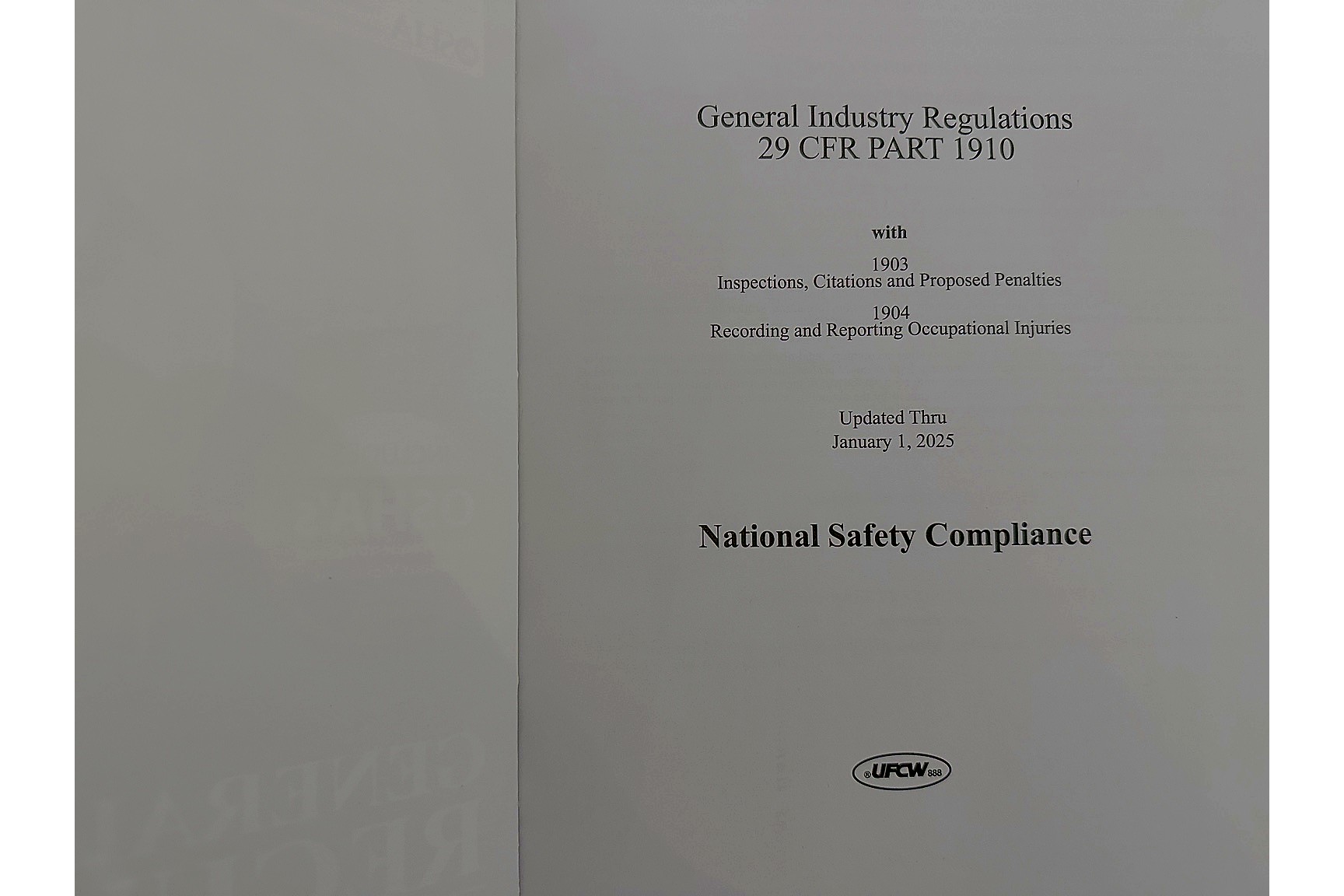 OSHA 29 CFR 1910 General Industry Regulations book title page for general industry safety standards.