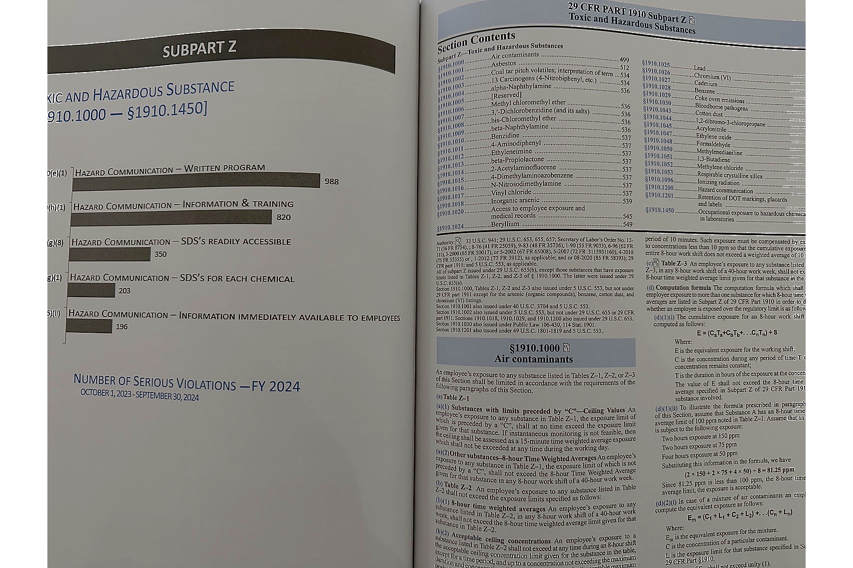 OSHA 29 CFR 1910 General Industry Regulations book open to toxic and hazardous substances reference sections.