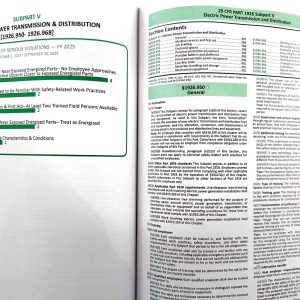 OSHA 29 CFR 1926 construction regulations book open to electrical power transmission and distribution subpart pages.