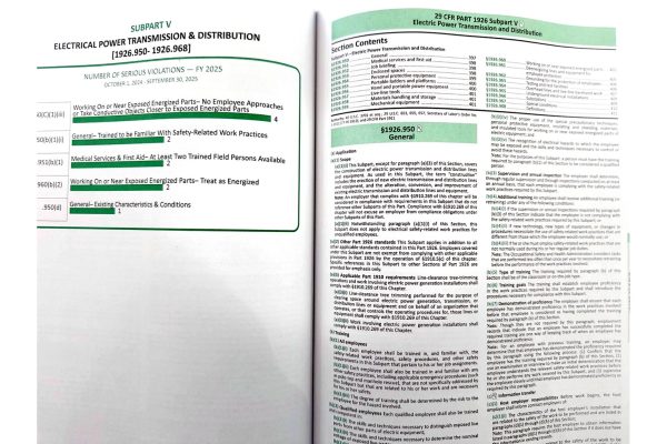 OSHA 29 CFR 1926 construction regulations book open to electrical power transmission and distribution subpart pages.