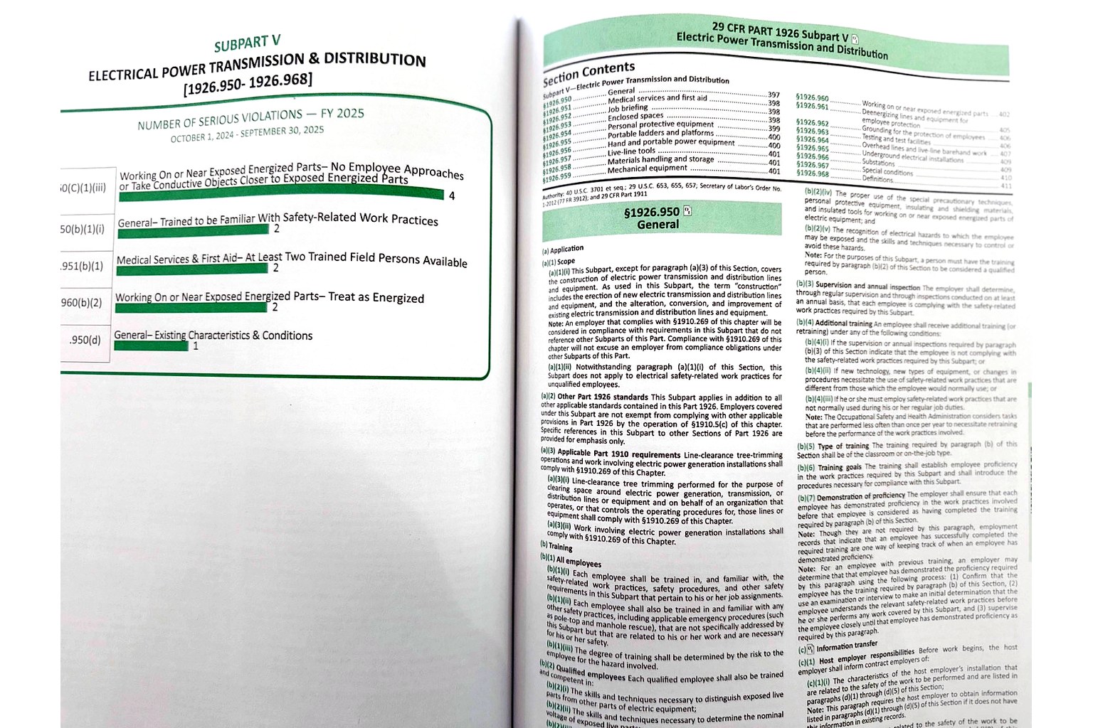 OSHA 29 CFR 1926 construction regulations book open to electrical power transmission and distribution subpart pages.